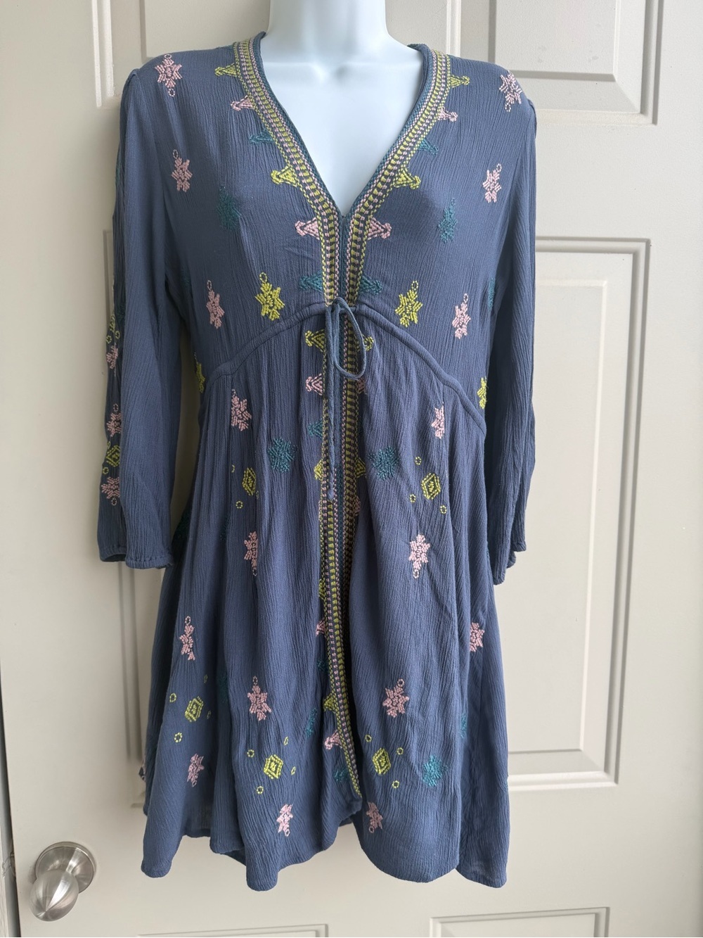 Free People Stargazer Mini Dress Size S Blue Embroidered Boho Tunic Cottagecore - Picture 3 of 11